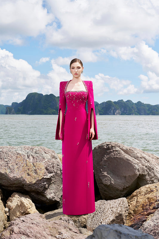 Tracy Studio luxury Queen Anne Crystal Embellished Neckline flared Sleeve Evening Dress - Tia Pink