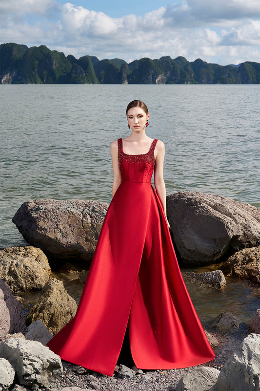 Tracy Studio luxury Strappy crystal embellished Square Neck Flared A-line Ball gown dress- Tempeste Red