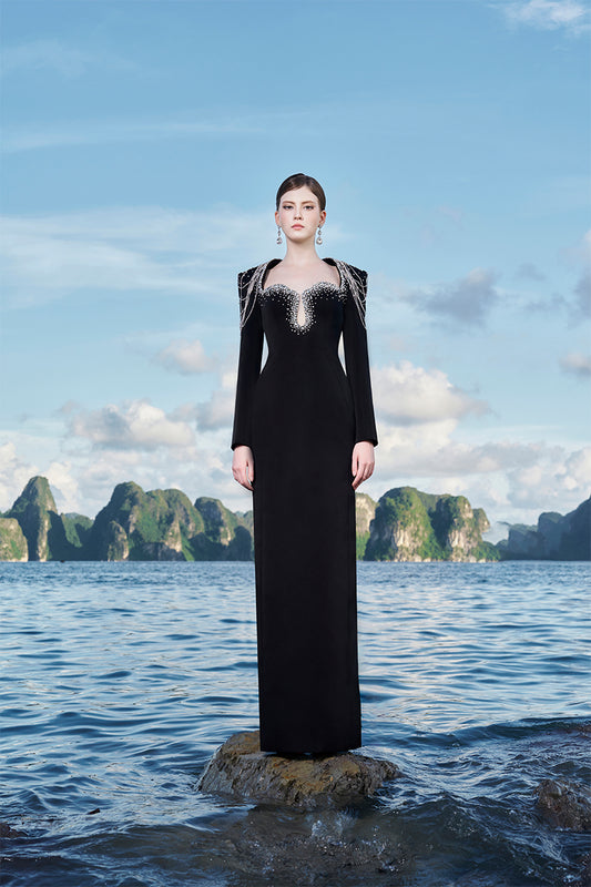 Tracy Studio luxury crystal embellished Tear Drop Chest Long Sleeves Straight Evening Dress - Tessi