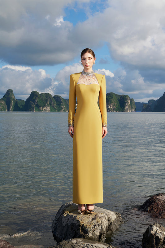 Tracy Studio luxury crystal embellished High Neck long sleeve Yellow Evening Dress - Tinka Yellow