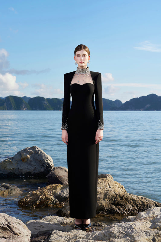 Tracy Studio luxury crystal embellished High Neck long sleeve Black Evening Dress - Tinka Black