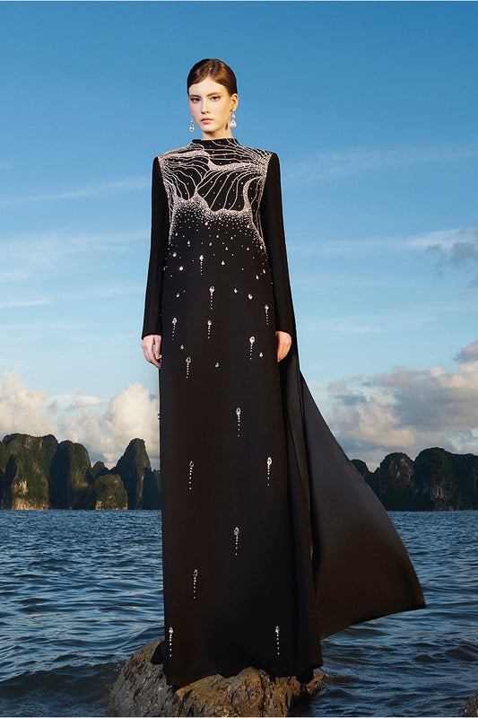 Tracy Studio luxury embellished  beaded crystal dubai  middle easter designer Abaya Floral Crystal Embellished Long Back Cape Flap Evening Dress - Takashi