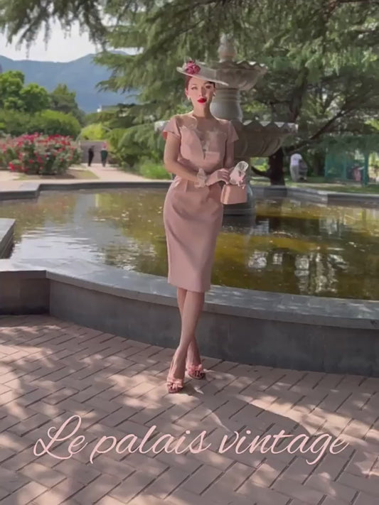 Le Palais Vintage Luxury 50s Pink Lace Panel Slim Fit Dinner Dress-Daisy.