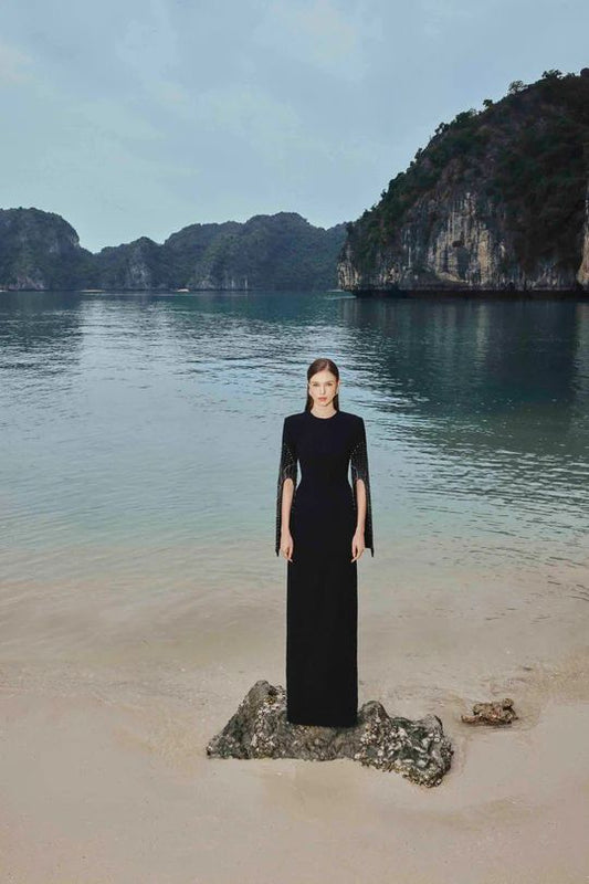 Slit-Sleeve Bodycon long formal elegant black gala gown Dress