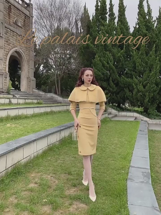 Le Palais Vintage Long Sleeve Yellow Tweed Cape Slim Fit Dress-Cate.