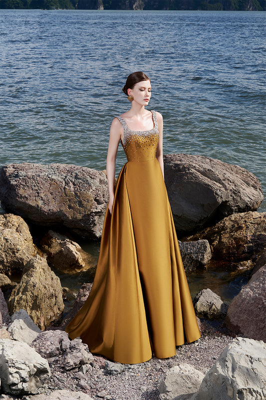 Tracy Studio luxury Strappy crystal embellished Square Neck Flared A-line Ball gown dress- Tempeste Gold Yellow