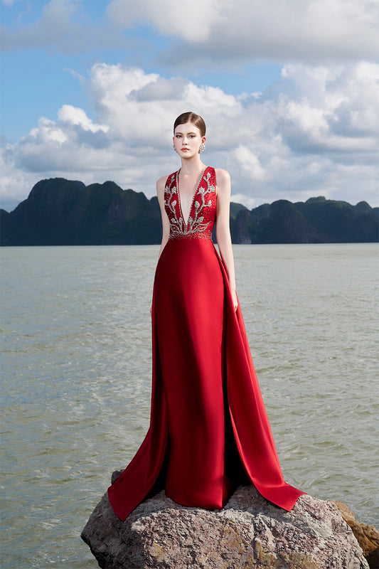 Tracy Studio luxury Sleeveless Deep V-Neck Flared A-Line Crystal Embellished Red Evening Dress - Tutku