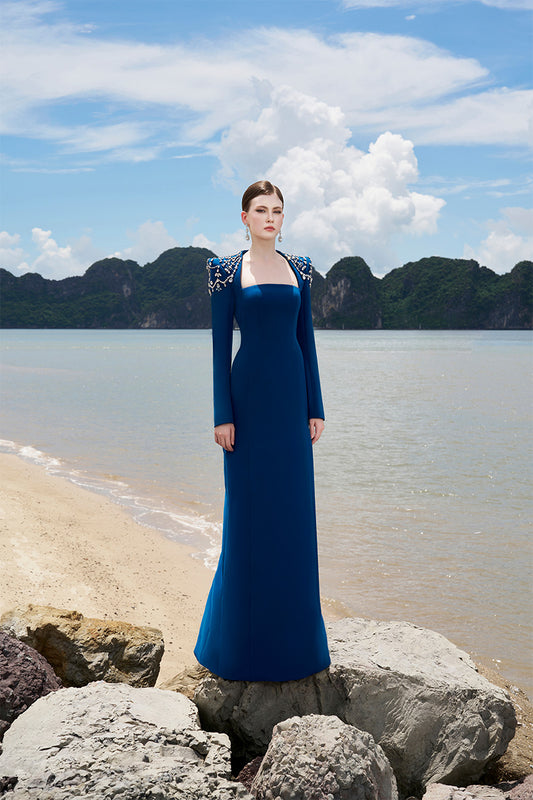 Tracy Studio luxury Queen Anne Crystal Embellished shoulder Long Sleeve Evening Dress - Themis