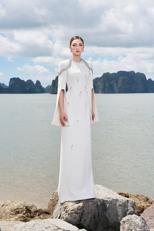 Tracy Studio luxury Pink wedding Flared Sleeves Crystal Embellished royalty Evening Dress - Tesora Pink