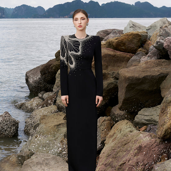 Tracy Studio luxury One Side Floral Crystal Embellished Long Sleeve Evening Dress - Tabina