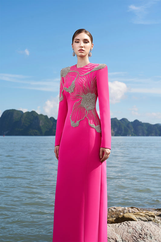 Tracy Studio luxury Pink Double Floral Crystal  Embellished Straight Evening Dress - Thirssa