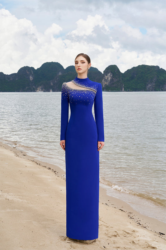 Tracy Studio luxury Crystal Embellished See-Through Cut-Out Straight Evening Dress - Tabitha blue