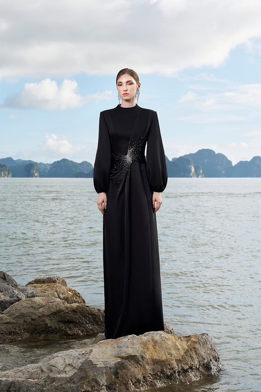 Tracy Studio luxury crystak embellished Long Puffy Sleeves Diagonal Gathered Dress - Tandie