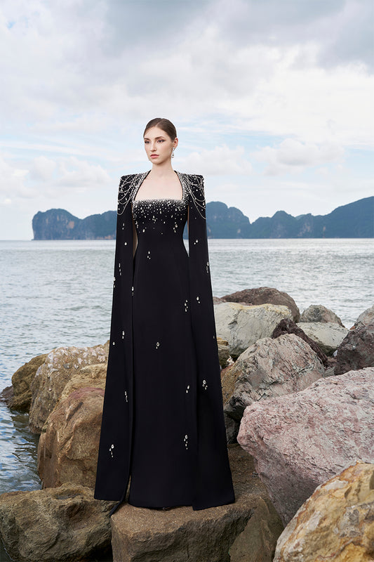 Tracy Studio luxury crystal embellished Long Cape Sleeve Floor Length Evening Dress - Tyra