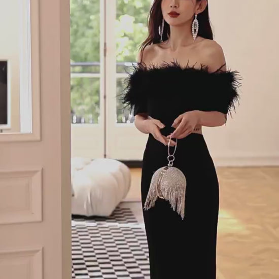 DOLLY Luxury Black Feather Tube Top Waist Baring Slim Fit Long Cocktail Dress-JAJA