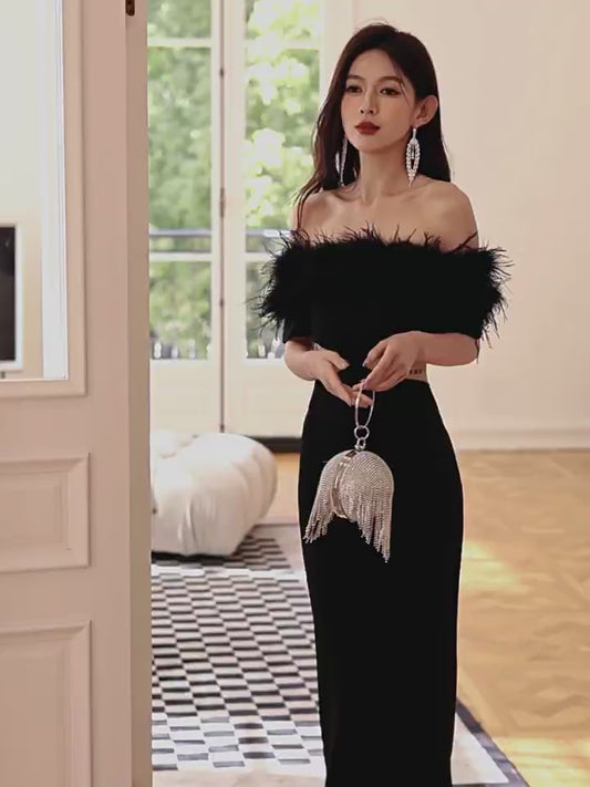 DOLLY Luxury Black Feather Tube Top Waist Baring Slim Fit Long Cocktail Dress-JAJA