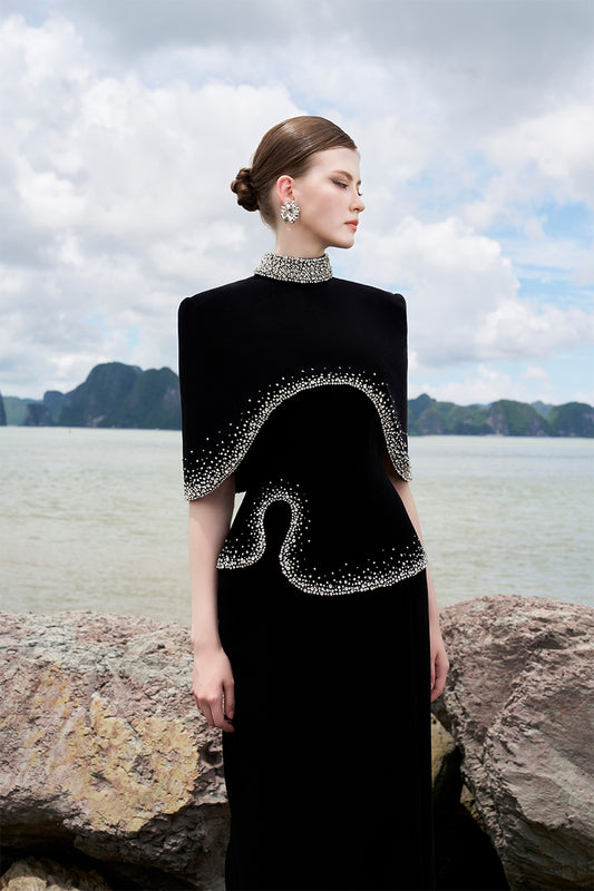 Tracy Studio luxury Strapless dress and High Neck Curved Wavy Crystal Embellished Cape - Teleri