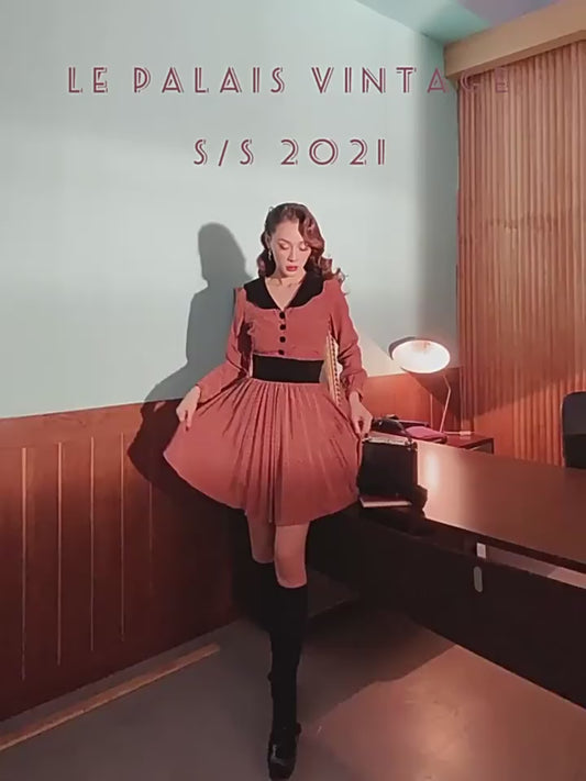 Le Palais Vintage Luxury Caramel Polka Dot Waist Pleated Dinner Dress-June.