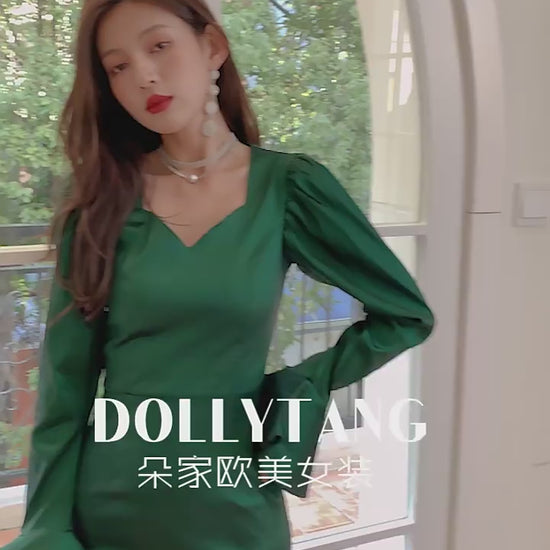 DOLLY High End Green Square Collar Long Sleeve Slim Fit Long Dress-MALU