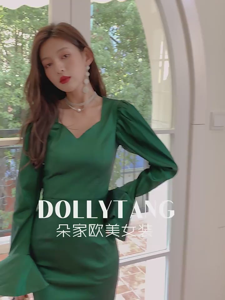 DOLLY High End Green Square Collar Long Sleeve Slim Fit Long Dress-MALU