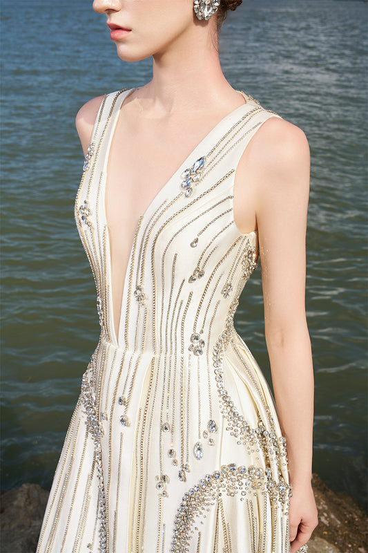 Tracy Studio Elegant luxury interstellar Crystal stone Embellished Sleeveless See-Through Chest Evening Dress Wedding Dress - Tibb