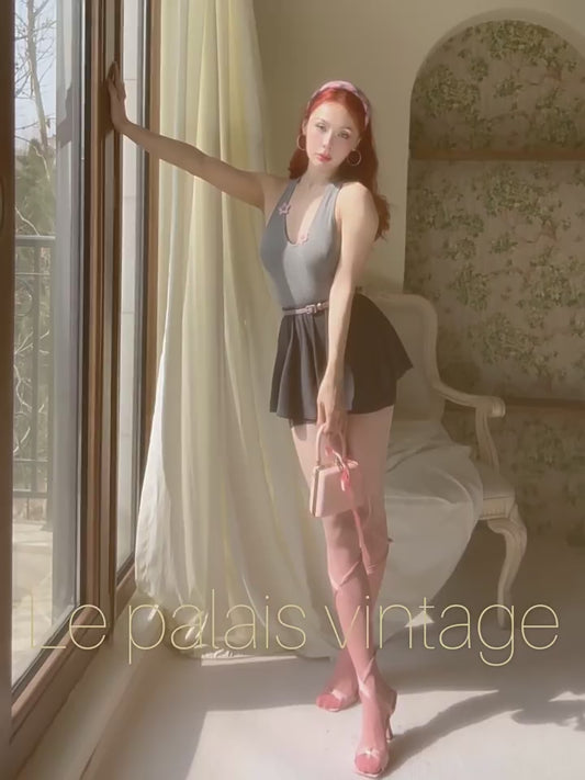 Le Palais Vintage Black Tank Top Pink and Blue Jacket Brown Pleated Skirt-Pinky.