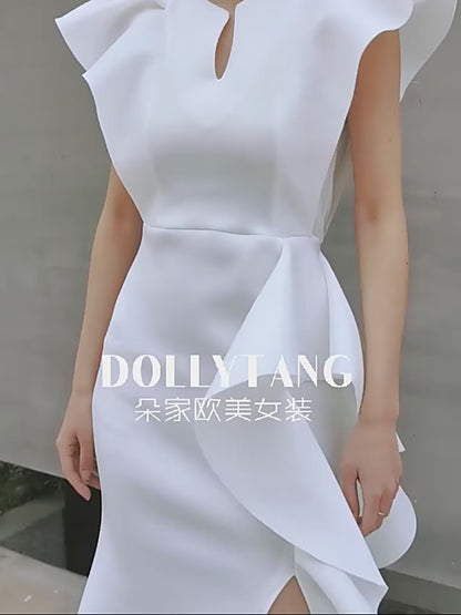 DOLLY Luxury V-Neck Short Sleeve High waist Slim Fit Irregular Hem Date Dress-LISA