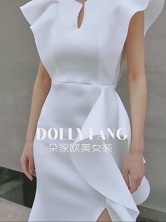DOLLY Luxury V-Neck Short Sleeve High waist Slim Fit Irregular Hem Date Dress-LISA