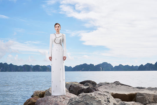 Tracy Studio luxury white wedding Floral Crystal Embellished Straight Evening Dress - Teetha