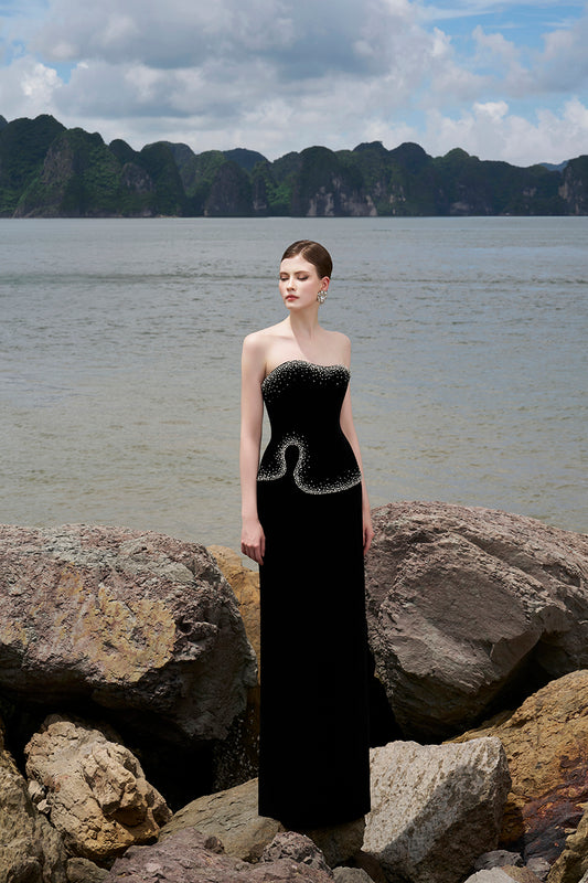 Tracy Studio luxury Abaya modest dubai oman qatar designer abaya Wavy Crystal Embellished Line strapless evening Dress with cape  mother of the bride groom dress-Teleri