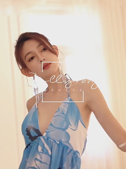 DOLLY Elegant Blue Sleeveless Printed Halter Neck Chiffon Long Resort Dress-HARRIET