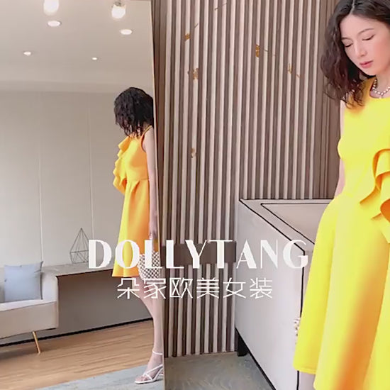 DOLLY Luxury Retro Style Crew Neck One Shoulder Ruffle Sleeves Midi Office Dress-CLAUDI