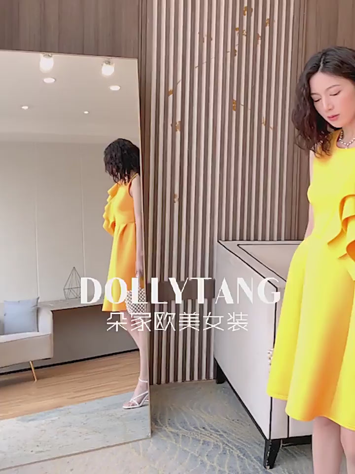 DOLLY Luxury Retro Style Crew Neck One Shoulder Ruffle Sleeves Midi Office Dress-CLAUDI