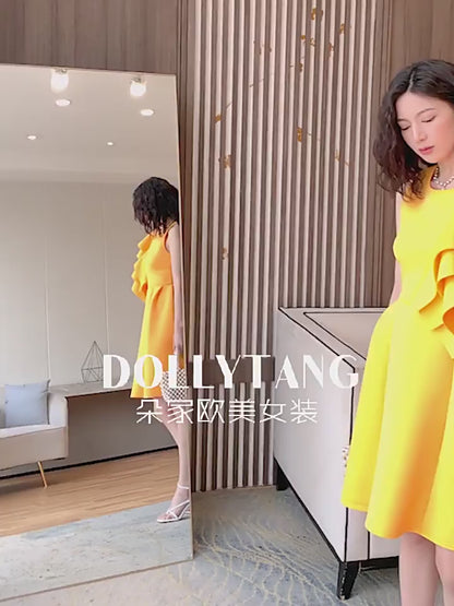 DOLLY Luxury Retro Style Crew Neck One Shoulder Ruffle Sleeves Midi Office Dress-CLAUDI