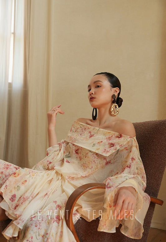 LE VENT&TES AILES Floral-print off shoulder top Skirt trousers set-RINA.