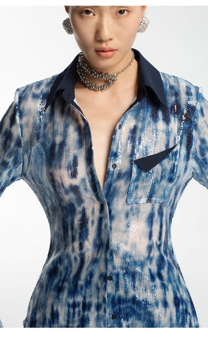 LEDIM W blue tie die sequin long sleeve botton down slim shirt top - Abba