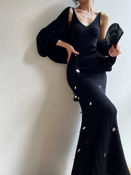 Aconiconi Elegant Sleeveless body con Maxi knit Dinner Dress- Xuelan Evening Sound