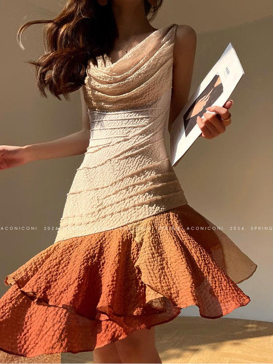 Aconiconi Luxury Sleeveless cowl neck ombre pleated hem Dress- Long Island Iced Tea