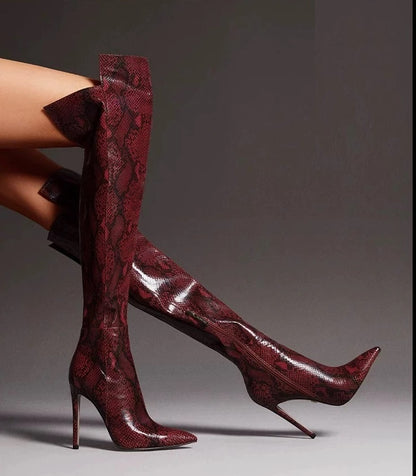 Fabfei Fall/Winter Pointy Toe Over-the-Knee Burgundy Boots -Spice