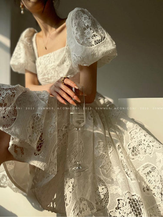 Aconiconi Luxury White French Style Short Puff Sleeve Lace A-Line Dress - White Tea Story