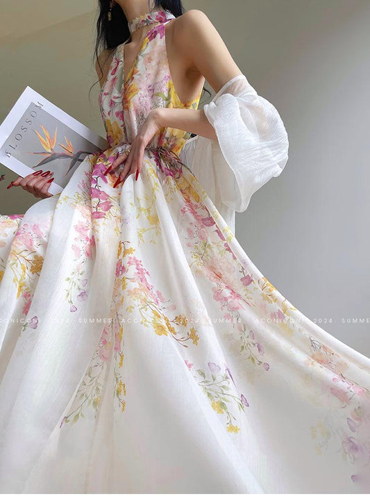 Aconiconi Elegant Japanese Style Printed Long Loose Halter Dress- Daylily and Breeze