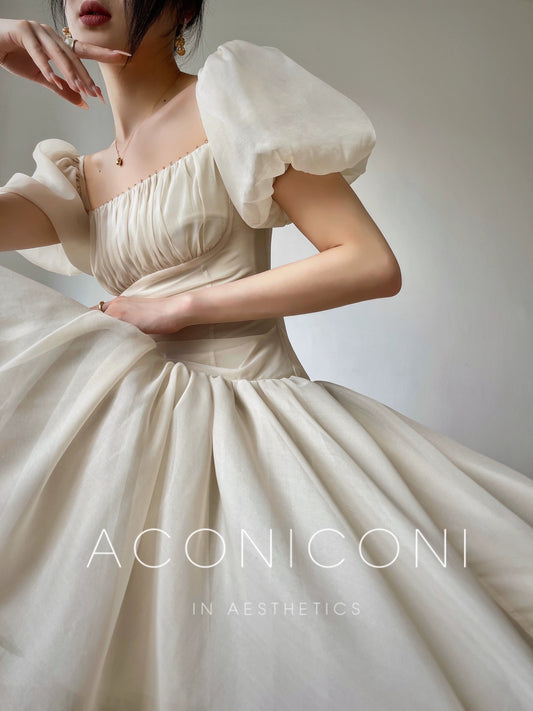 Aconiconi Square Collar Long Sleeve Tea Dress- Amethyst Water