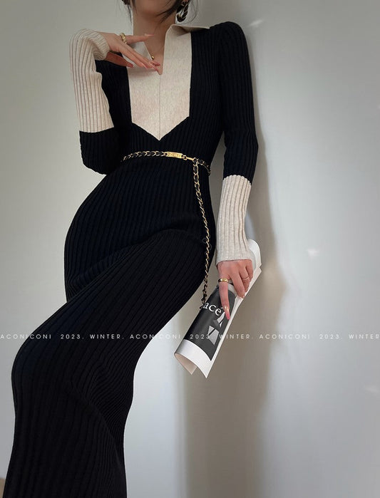 Aconiconi Luxury Polo Collar Long Sleeve Slim Fit Knitted Midi Dress- Paris Old Dream