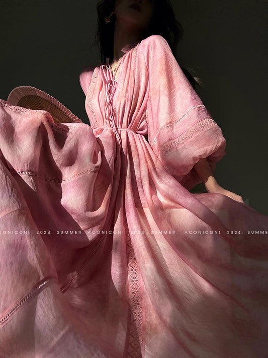 Aconiconi Luxury V-Neck Lantern Sleeve vacation Dress- Fallen Cherry Blossom Gardenia Summer