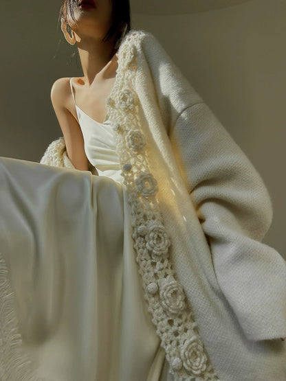 Aconiconi Luxury Loose V-Neck Long Sleeve Crochet Sweater - Camellia in the Fields