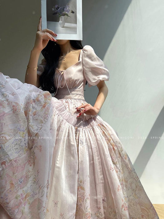 Aconiconi Pink French Print Puff sleeve High Waist Dress- Pink Flower Shadow