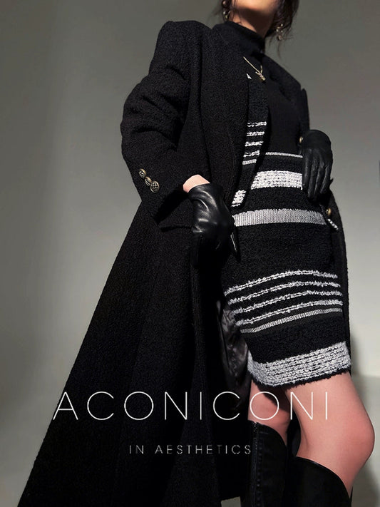Aconiconi Luxury Black Suit CollarLong Straight Winter Coat- Evening Sky