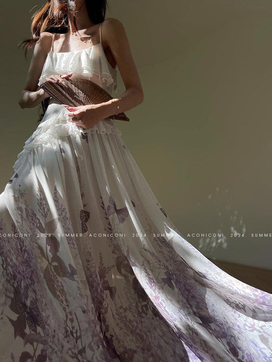 Aconiconi Elegant Square Collar Sleeveless Butterfly Print Resort Dress- Butterfly Dance Purple Smoke