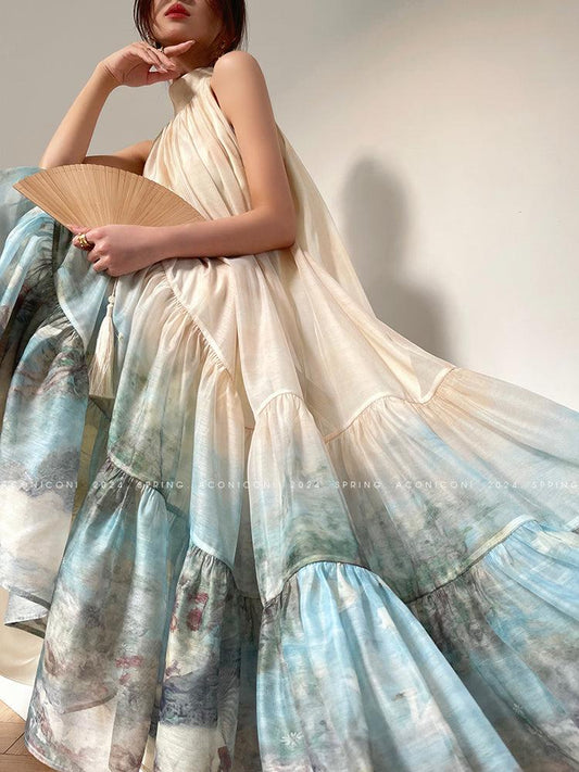 Aconiconi High End Sleeveless Halter Neck Loose Long  Vacation Dress- Miinia Louvre Painting