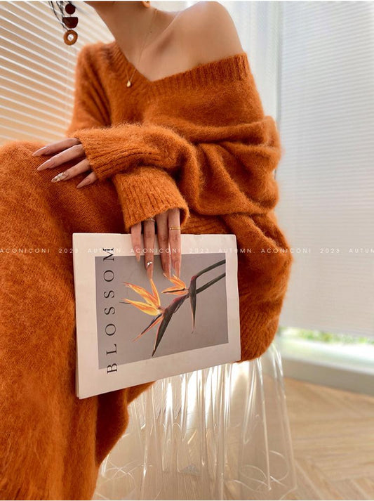 Aconiconi V-Neck Long Sleeve Loose Knitted Wool Top/Long Skirt Suit Set- North Island Girl